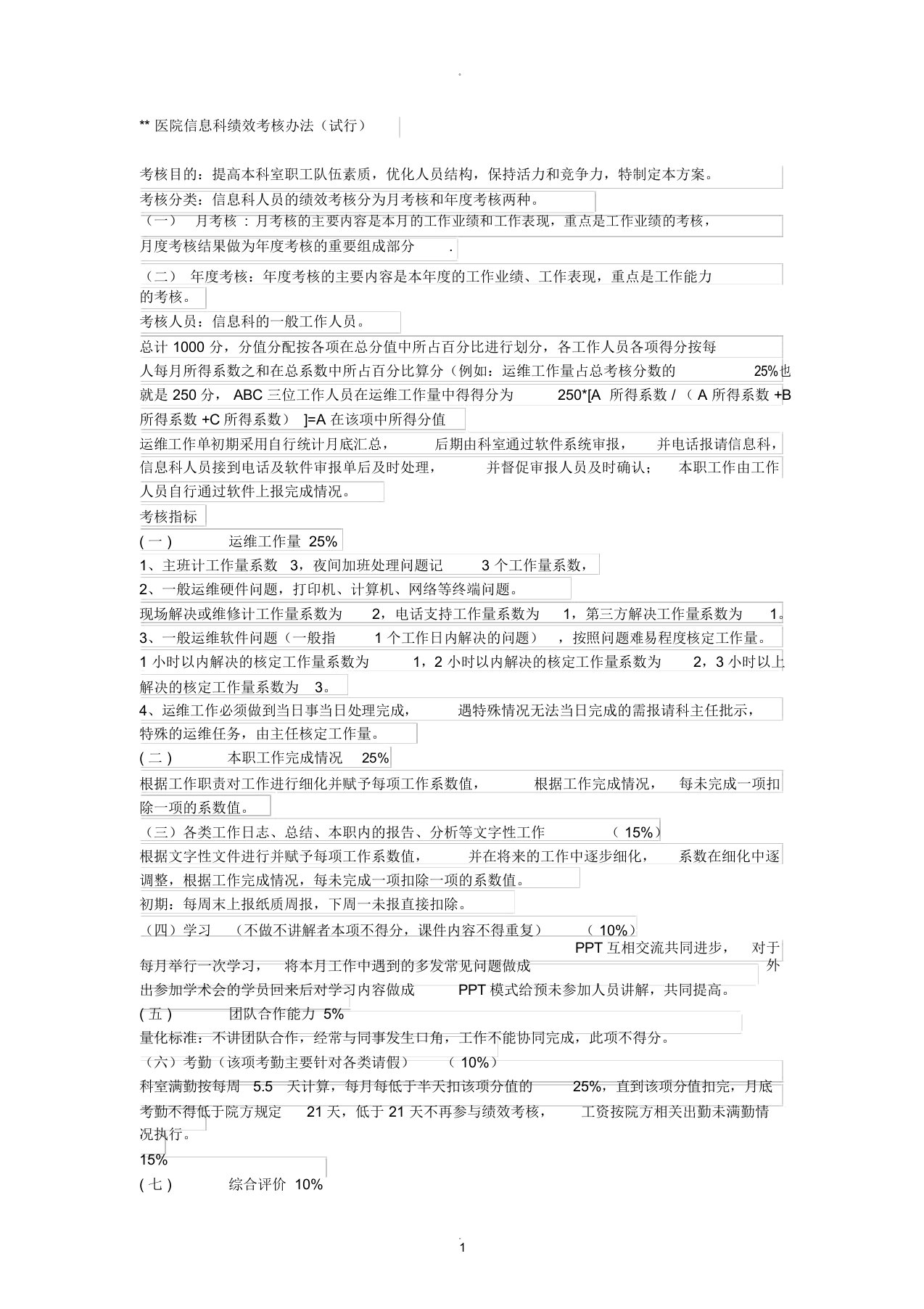 医院信息科绩效考核办法