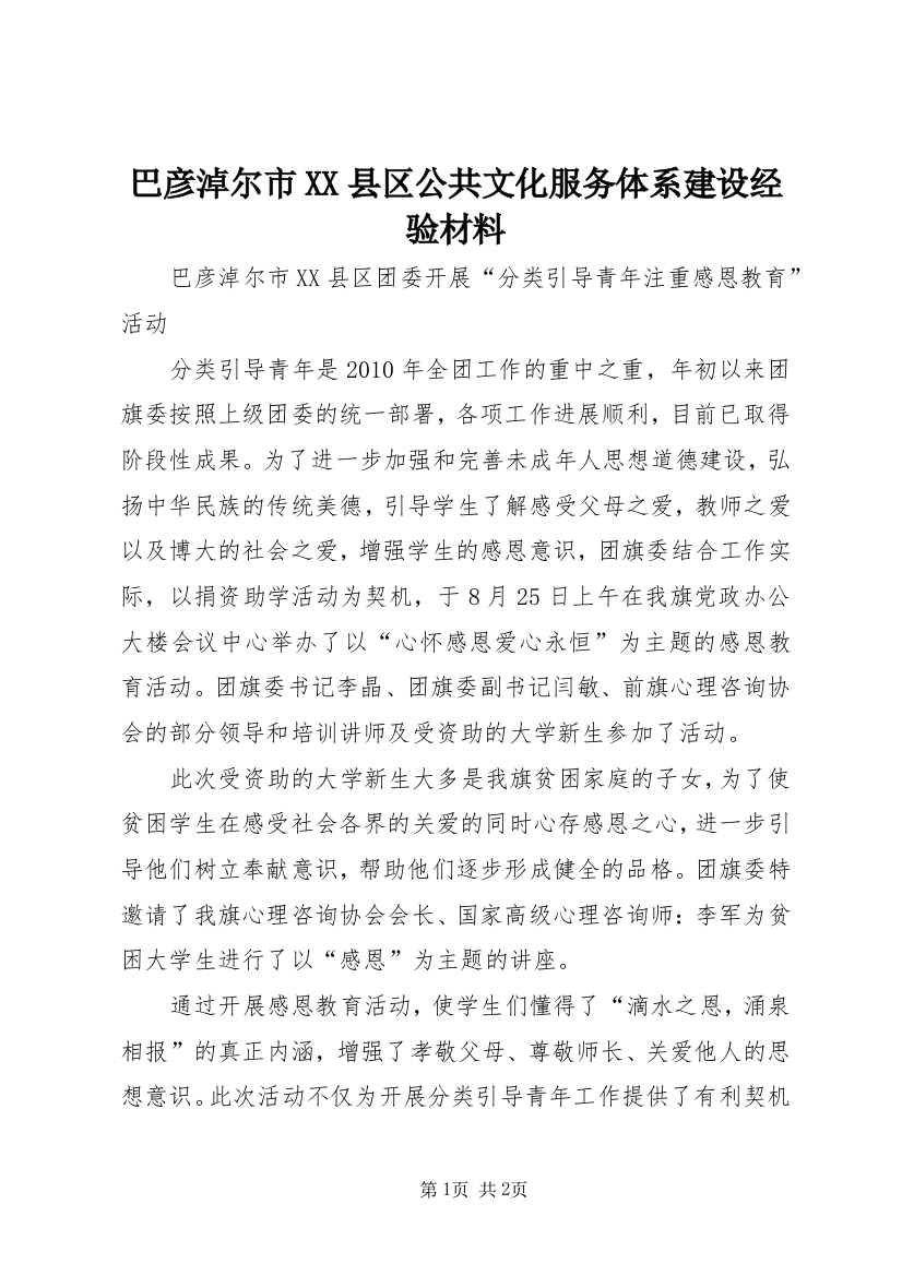 巴彦淖尔市XX县区公共文化服务体系建设经验材料