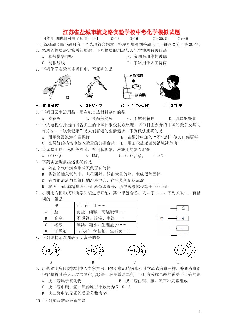 江苏省盐城市毓龙路实验学校中考化学模拟试题