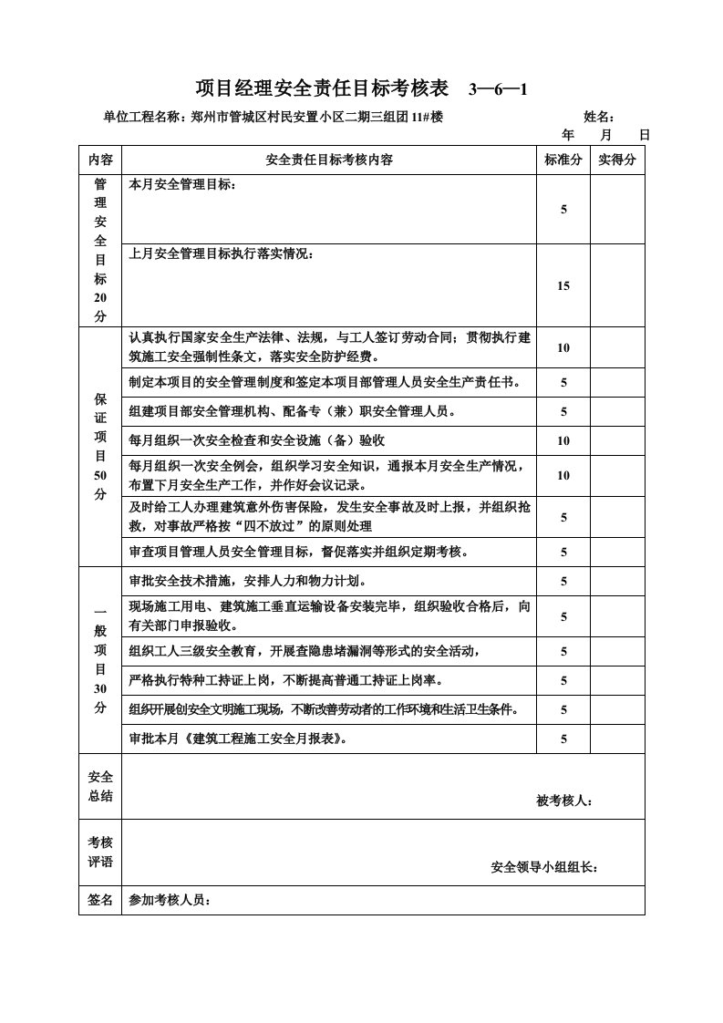 建筑施工项目经理安全责任目标考核表文档