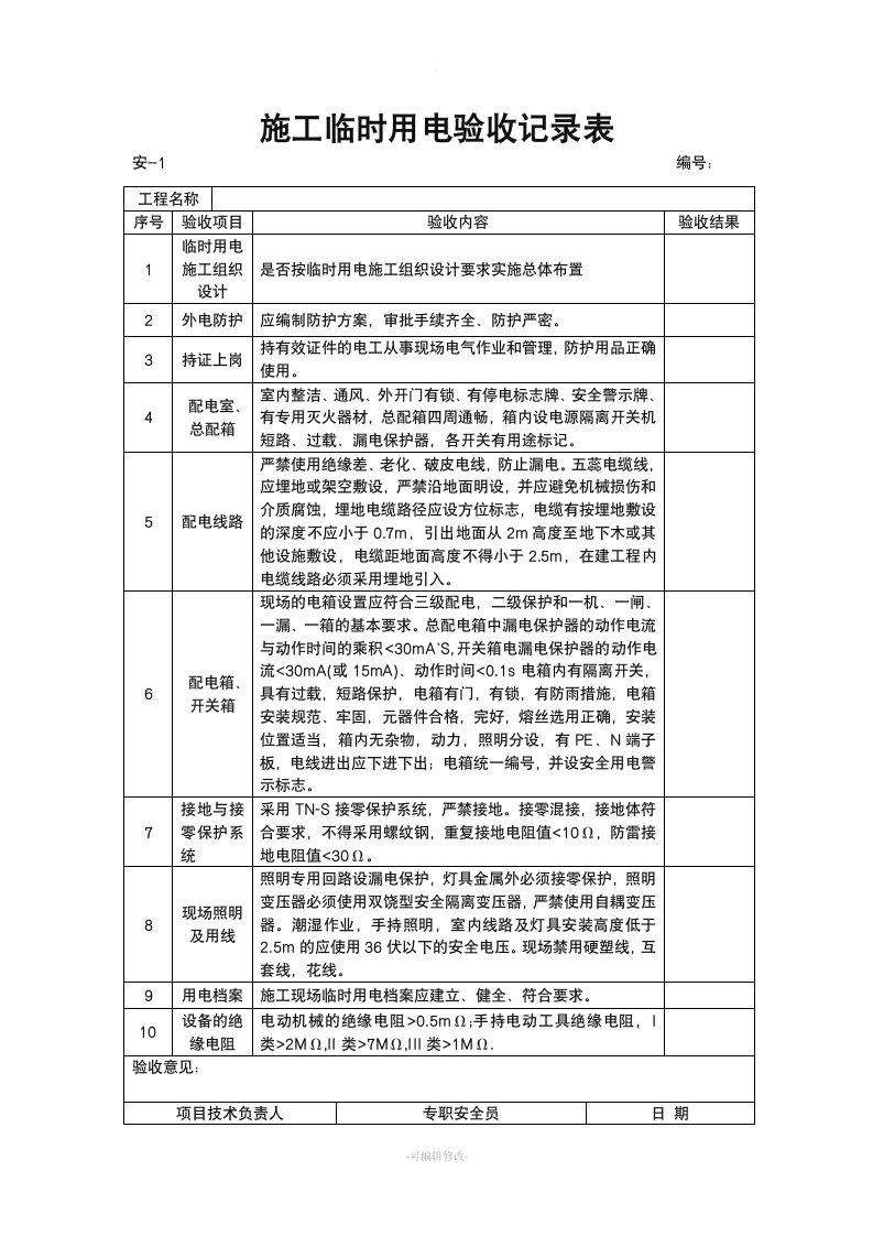 施工临时用电验收记录表