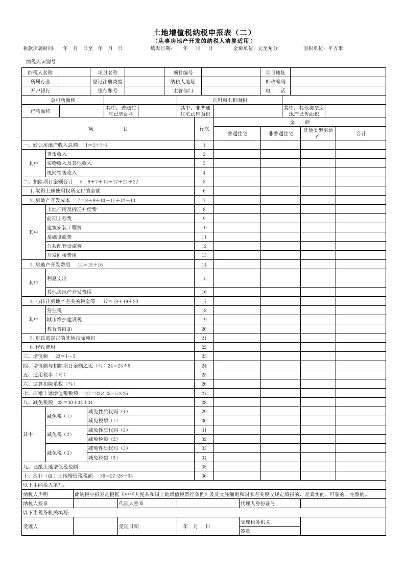 2017年土地增值税纳税申报表二(从事房地产开发的纳税人清算适用)