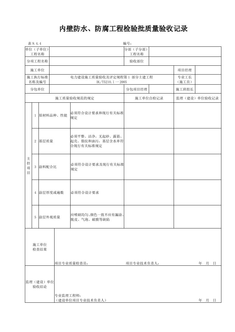 内壁防水、防腐工程检验批质量验收记录