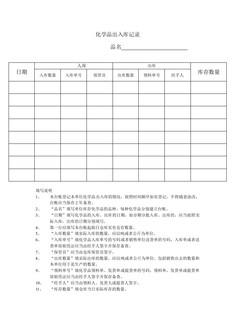 危险化学品出入库记录