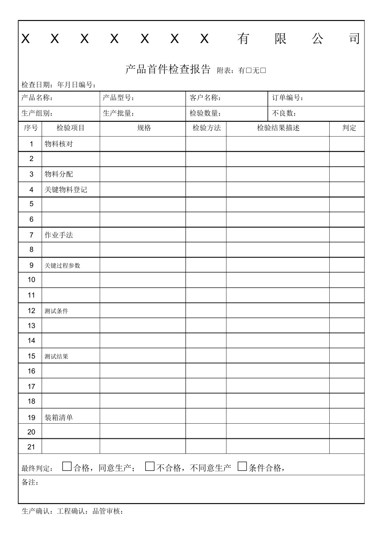 首件检查报告模板