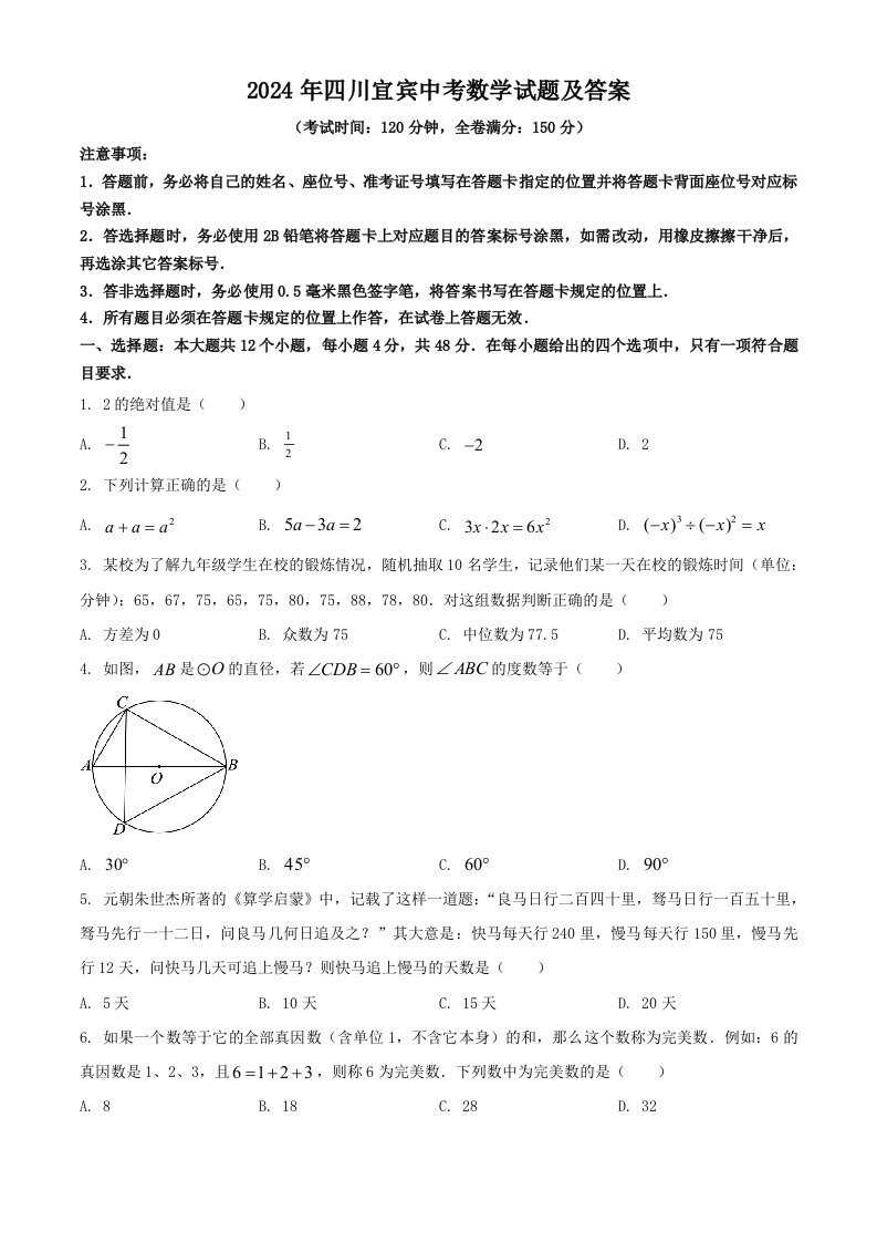 2024年四川宜宾中考数学试题及答案