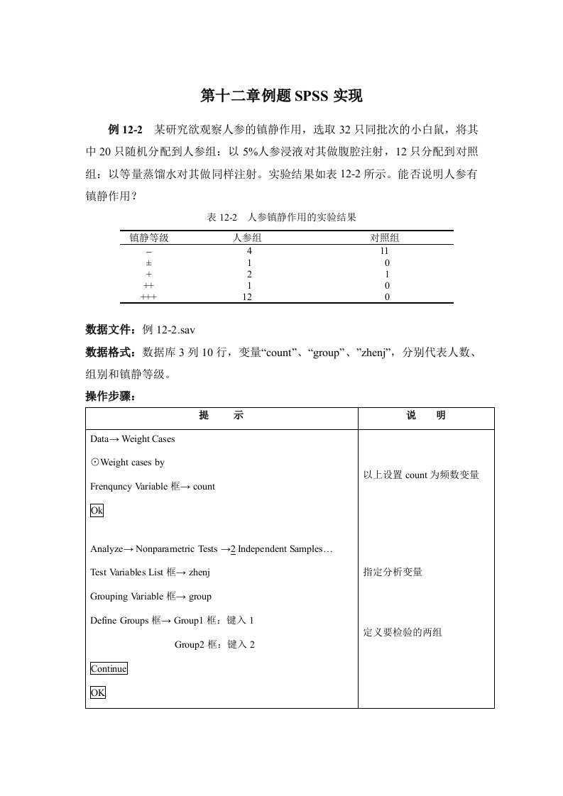 卫生统计学（教学讲义）第十二章例题SPSS实现