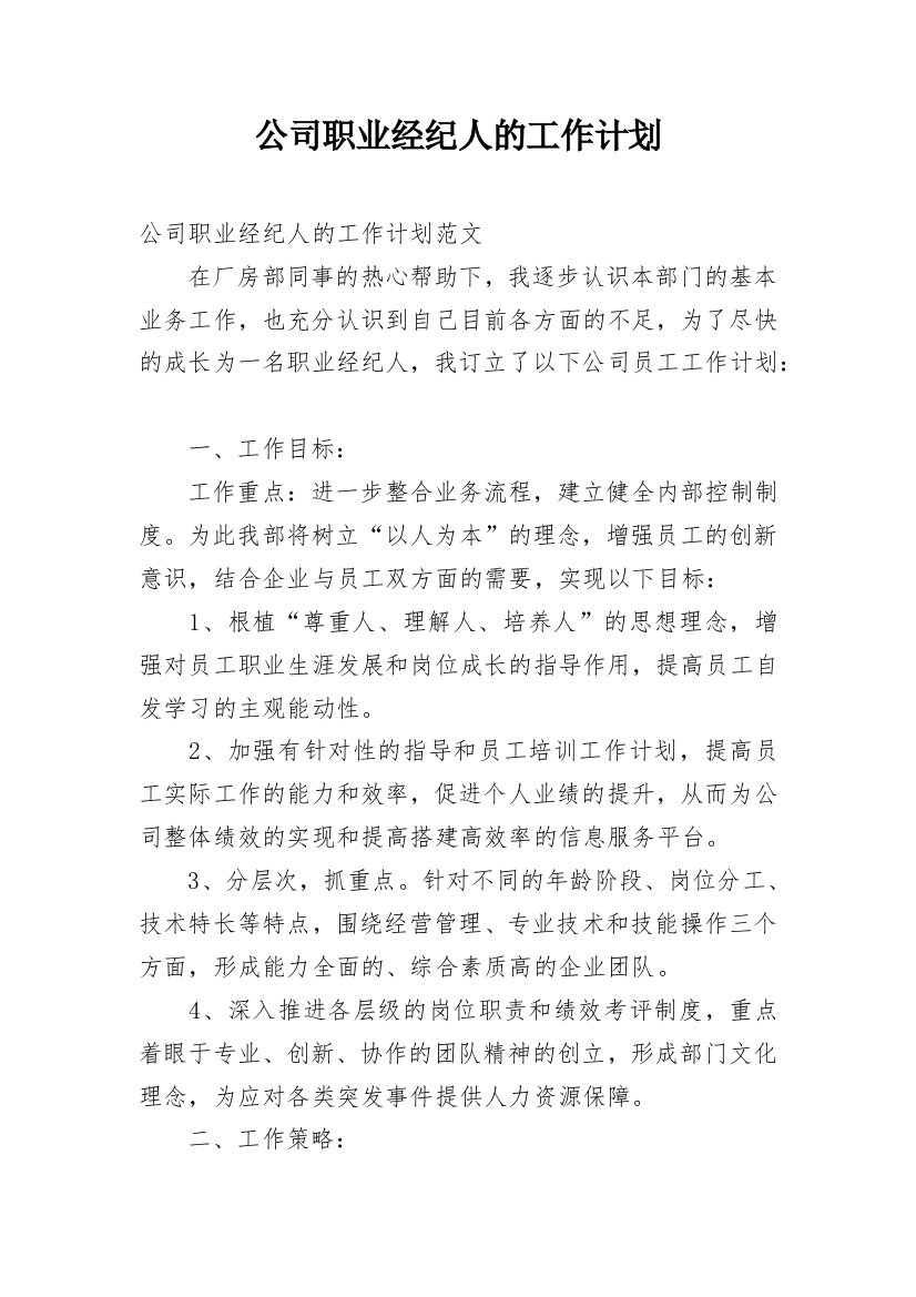 公司职业经纪人的工作计划