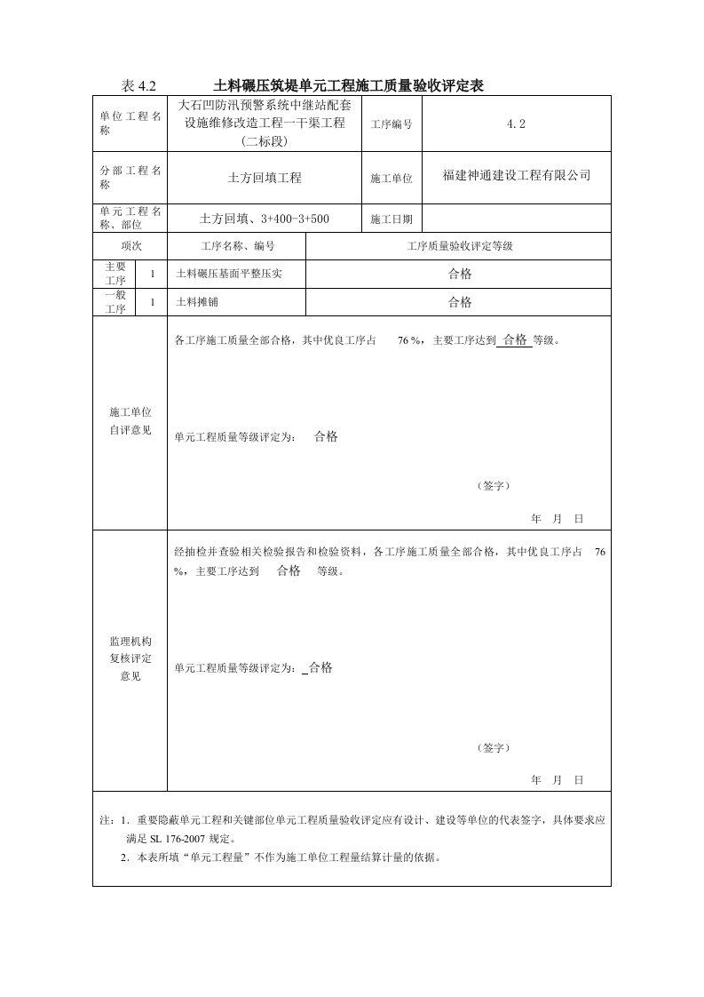 水利水电工程工程质量评定表填表样例