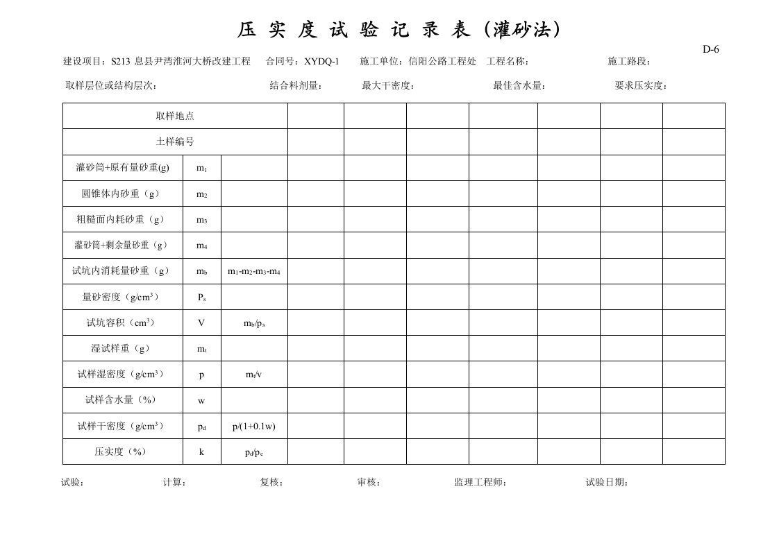 压实度试验记录表(灌砂法)