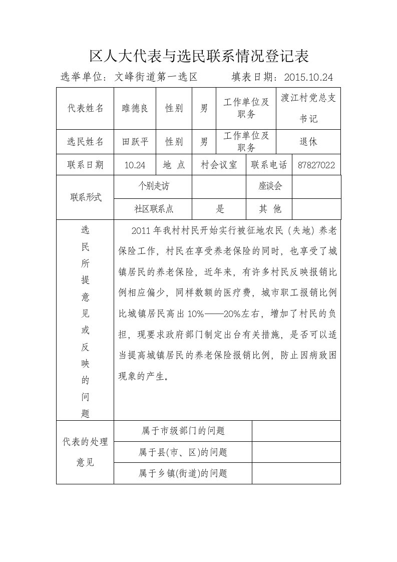 区人大代表与选民联系情况登记表