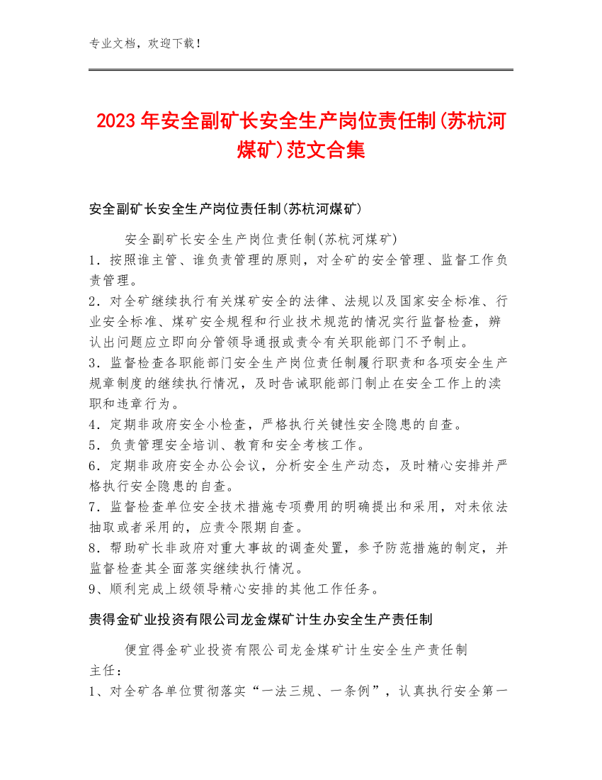 2023年安全副矿长安全生产岗位责任制(苏杭河煤矿)范文合集