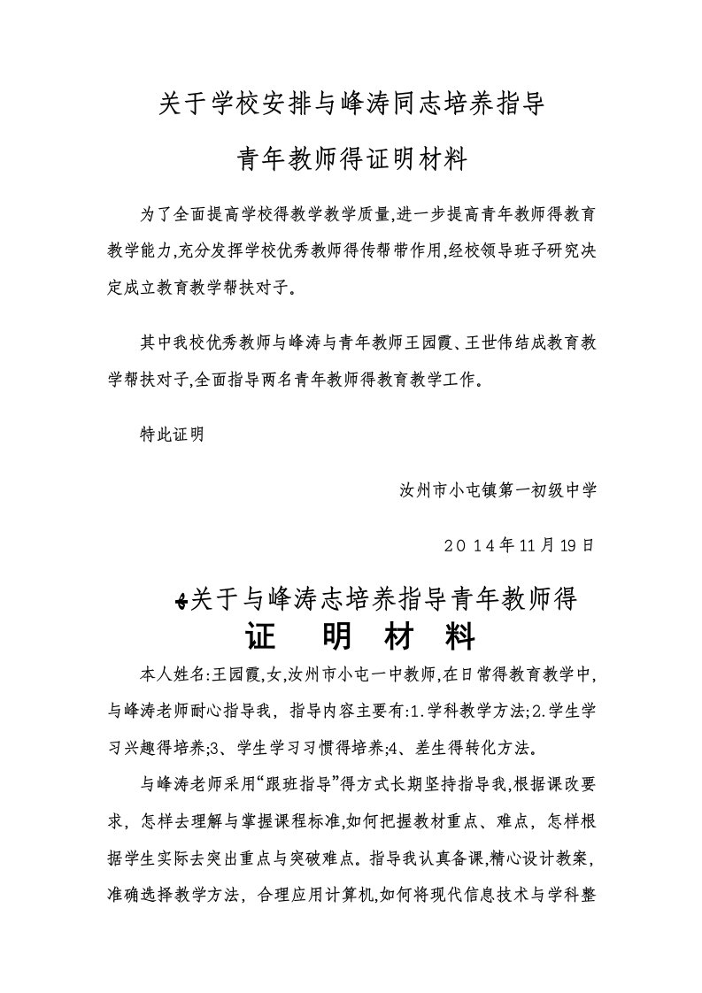 培养指导青年教师证明材料