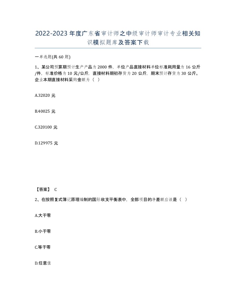 2022-2023年度广东省审计师之中级审计师审计专业相关知识模拟题库及答案