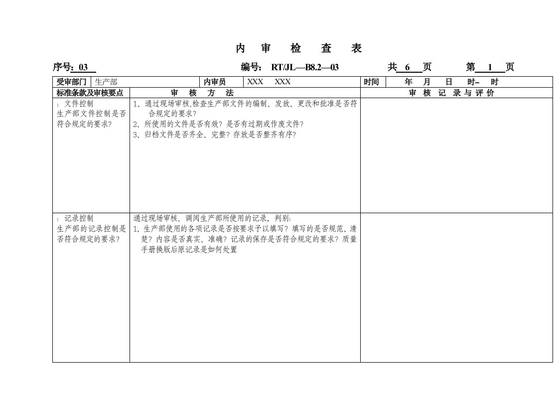 质量保证体系内审检查表