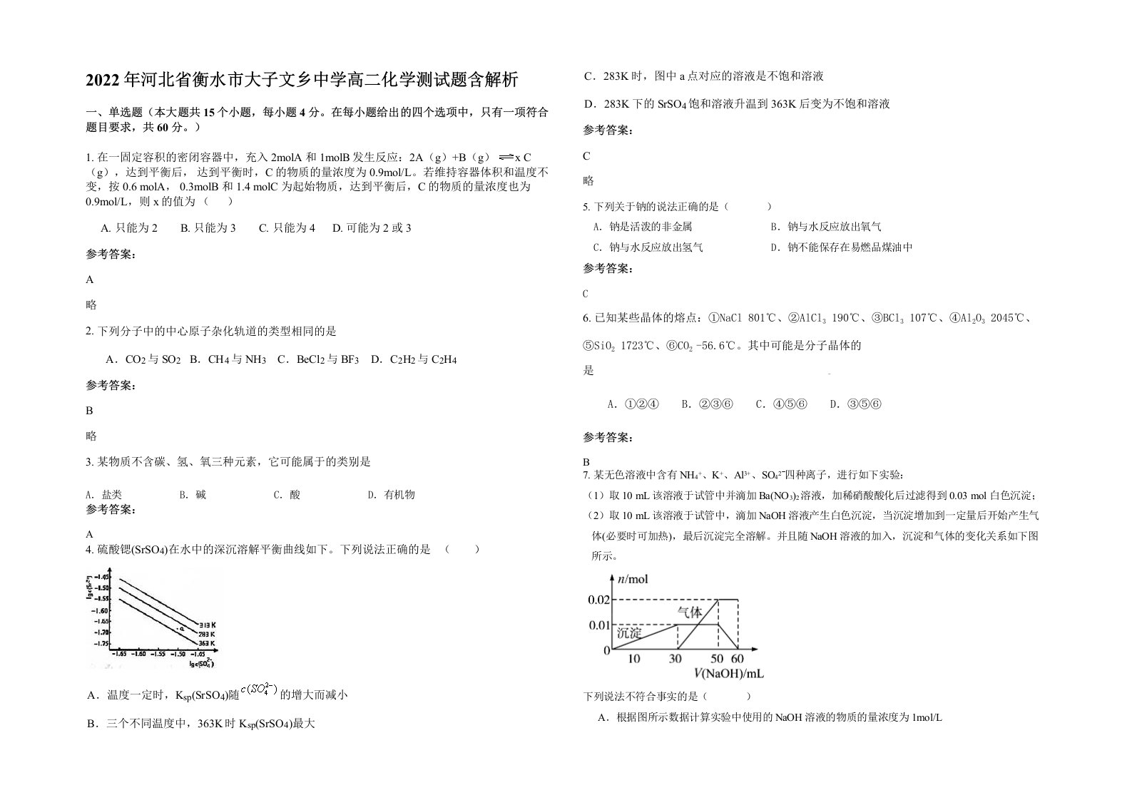 2022年河北省衡水市大子文乡中学高二化学测试题含解析