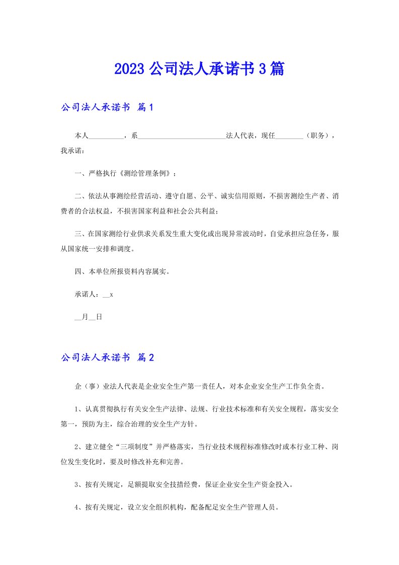 2023公司法人承诺书3篇