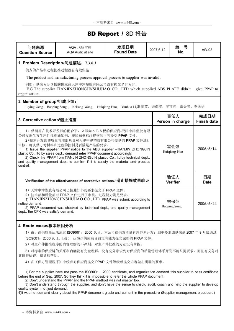 PPAP汽车生产件批准程序供应商不符合项8D报告DOC-采购管理