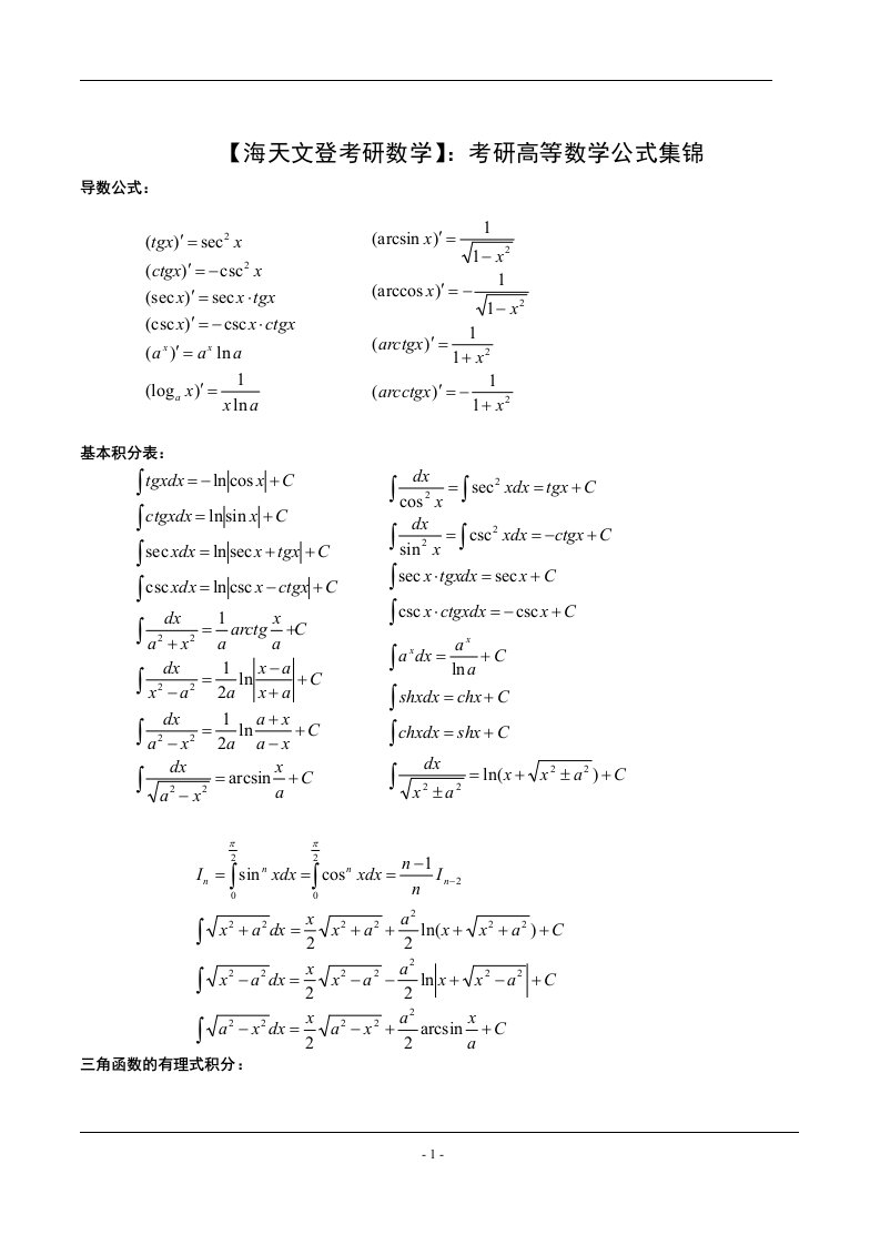 考研数学：考研高等数学公式集锦