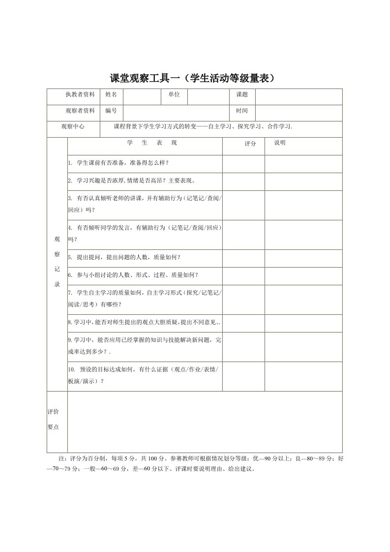 课堂观察量表(参考)