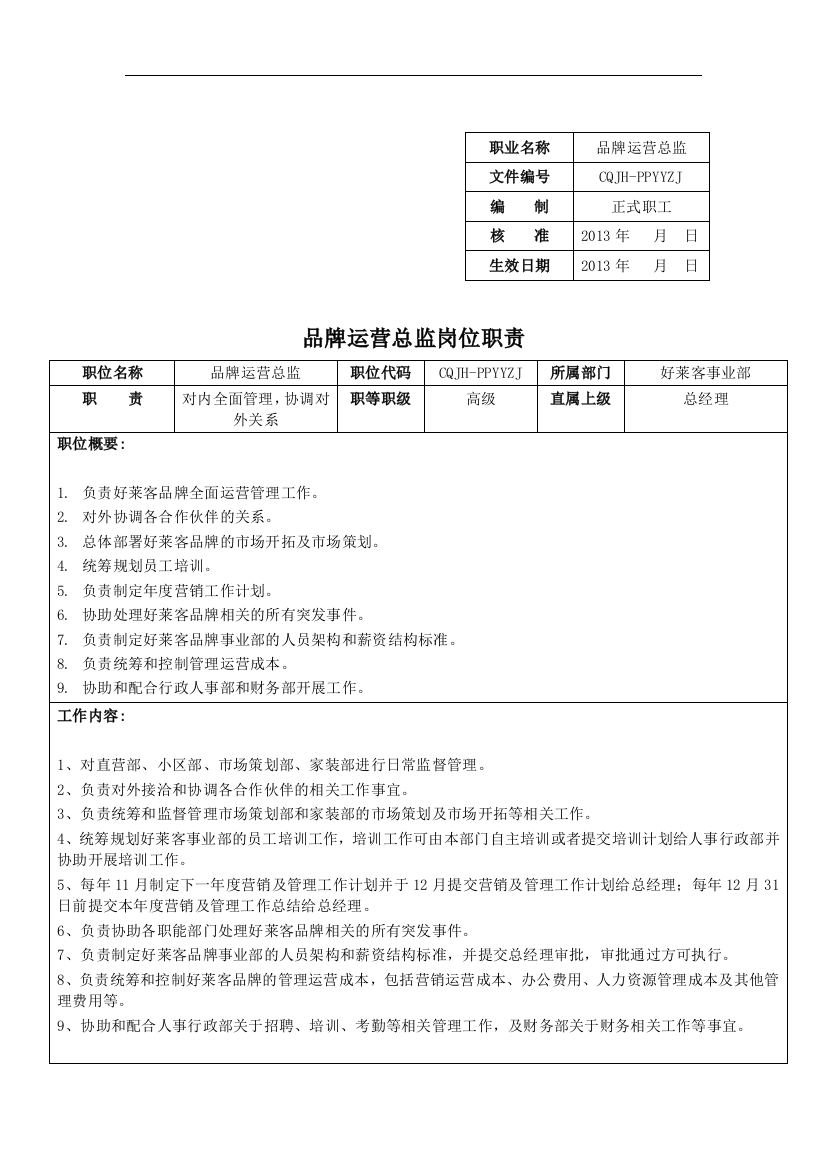 家具事业部岗位职责修改版试卷教案