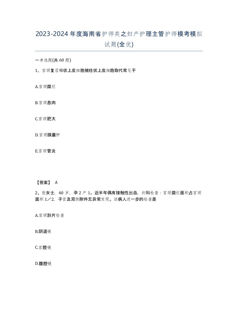 2023-2024年度海南省护师类之妇产护理主管护师模考模拟试题全优