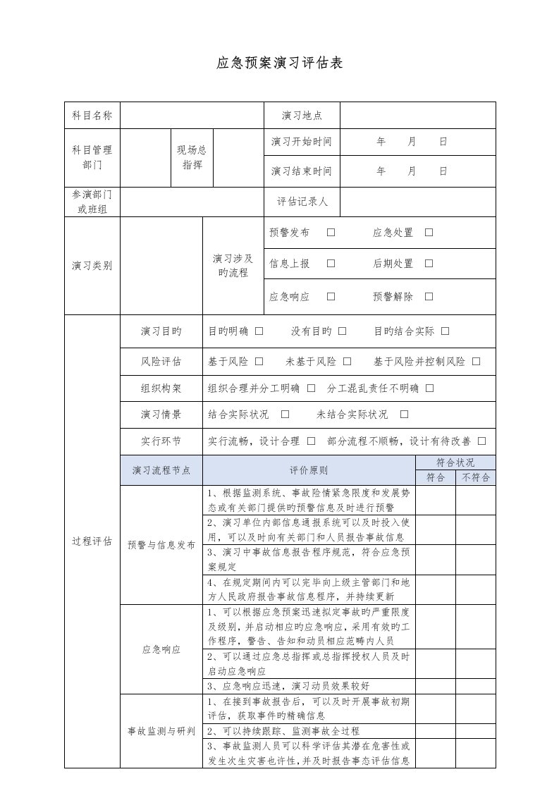 应急全新预案演练评估表