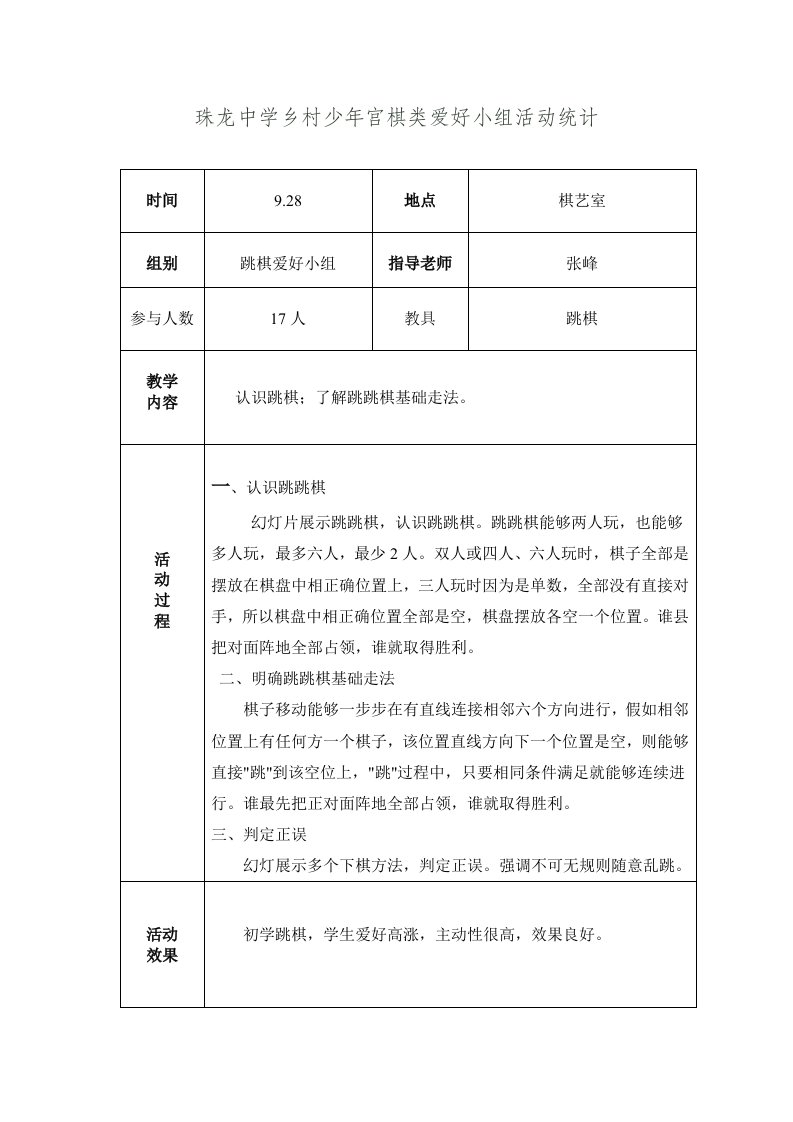 乡村少年宫棋类兴趣小组活动记录样稿