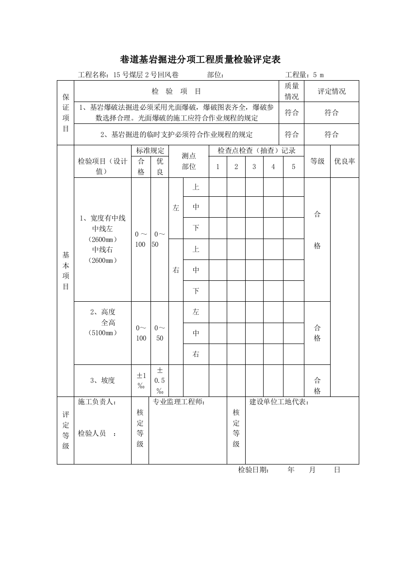 基岩掘进分项工程质量检验评定表表一