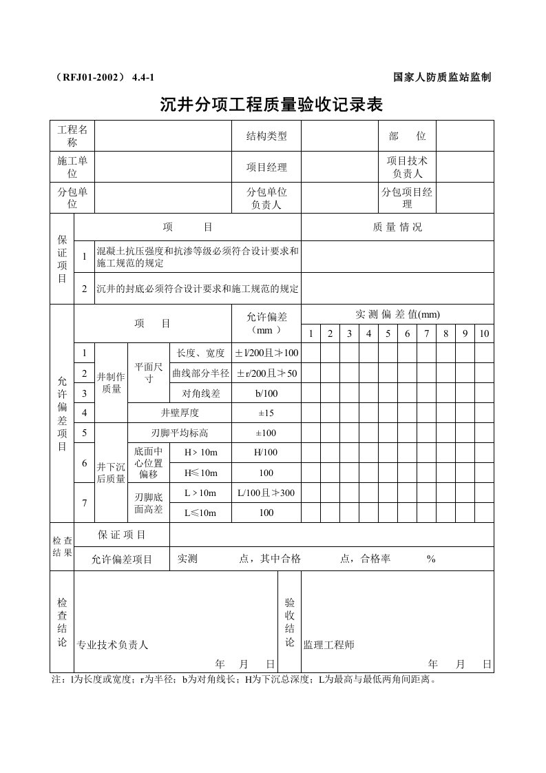 沉井分项工程质量验收记录表