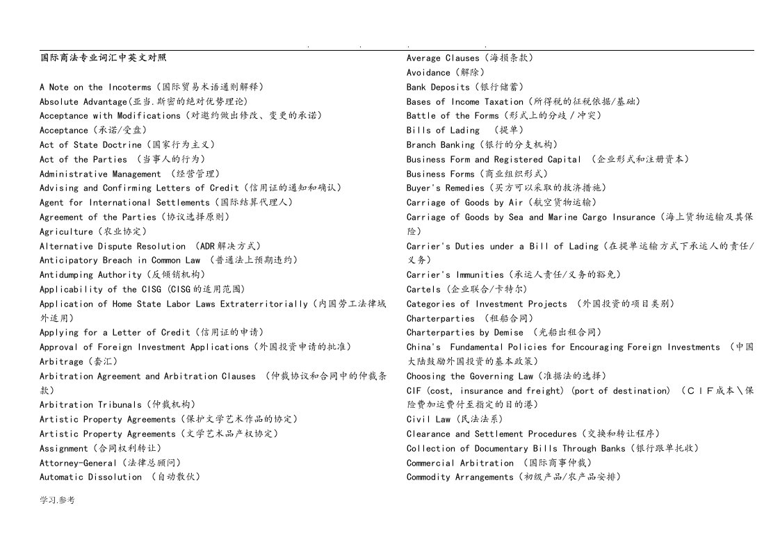 国际商法专业词汇中英文对照表