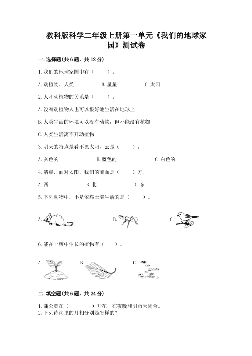 教科版科学二年级上册第一单元《我们的地球家园》测试卷附完整答案【有一套】