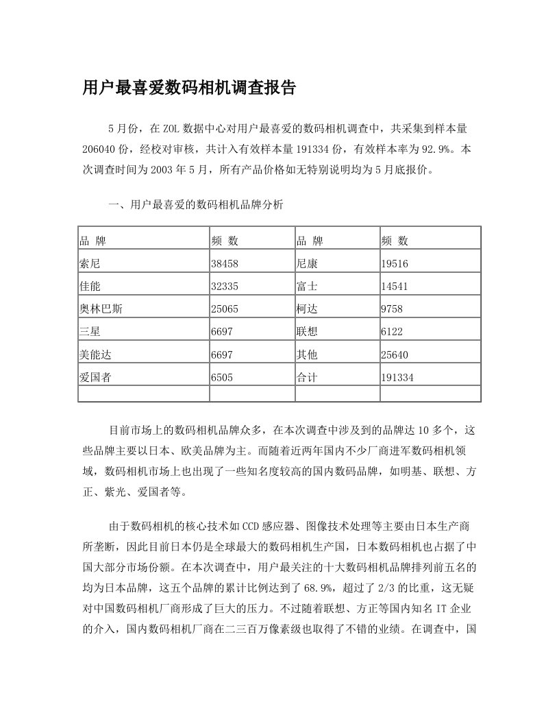 数码相机调查报告