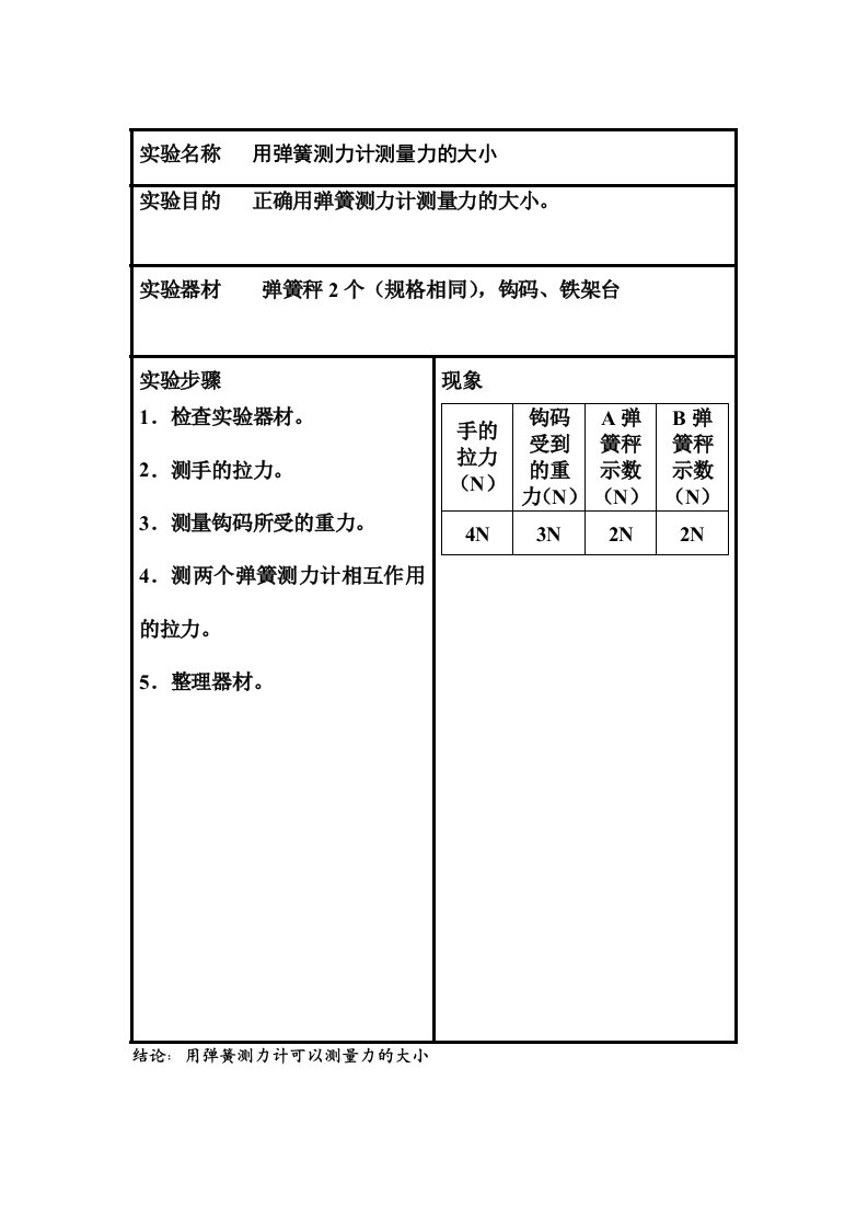 用弹簧测力计测量力的大小实验报告