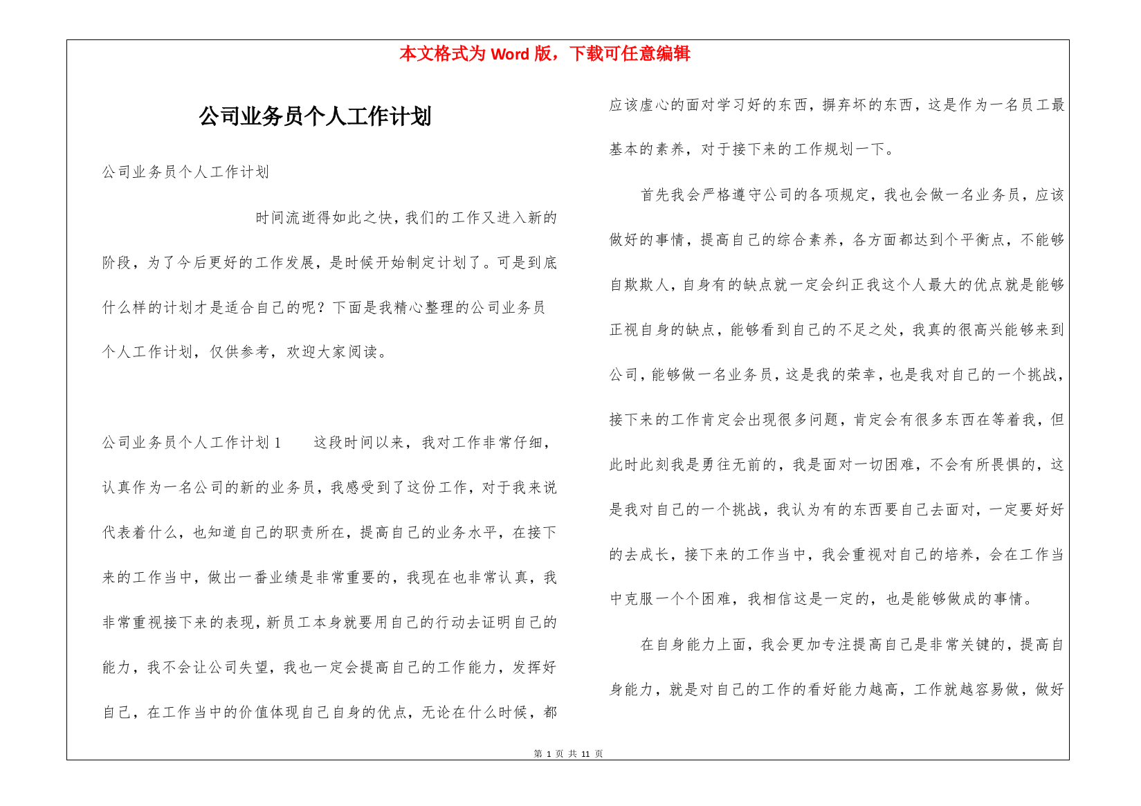 公司业务员个人工作计划