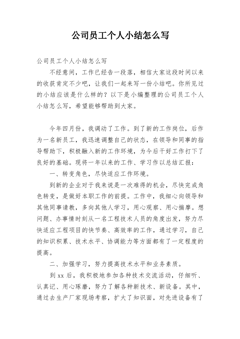 公司员工个人小结怎么写