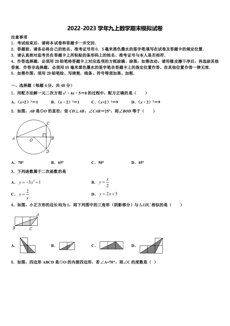 2022-2023学年广东省深圳市罗湖区九年级数学第一学期期末达标测试试题含解析