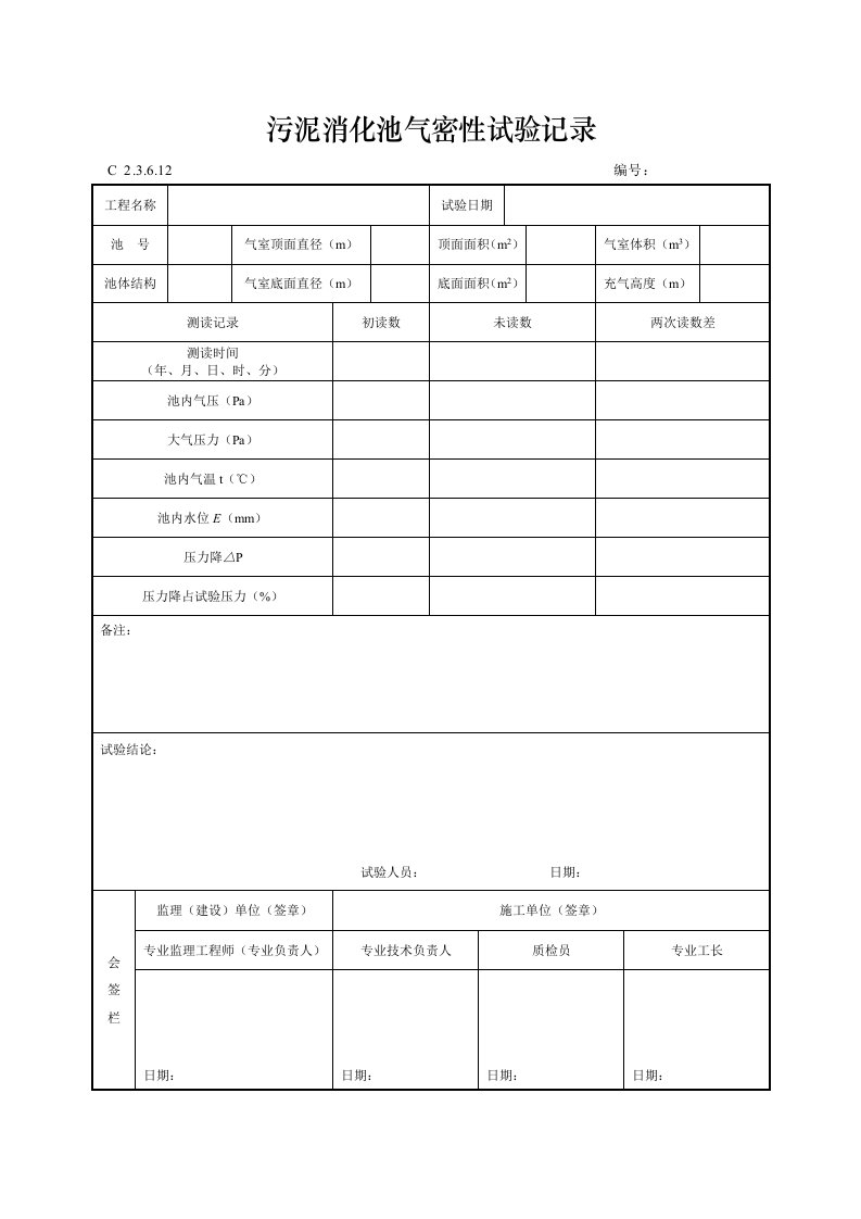 建筑工程-污泥消化池气密性试验记录