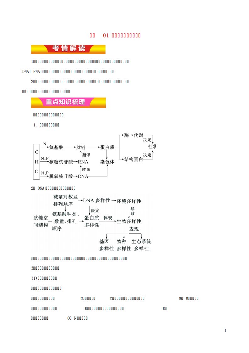 高考生物二轮复习专题01细胞的分子组成与结构教学案(含解析)1