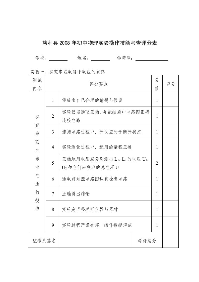 初中物理实验操作技能考查评分表