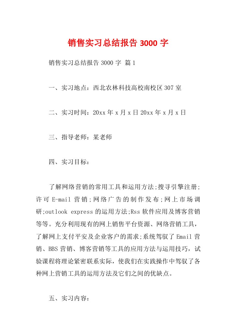 销售实习总结报告3000字