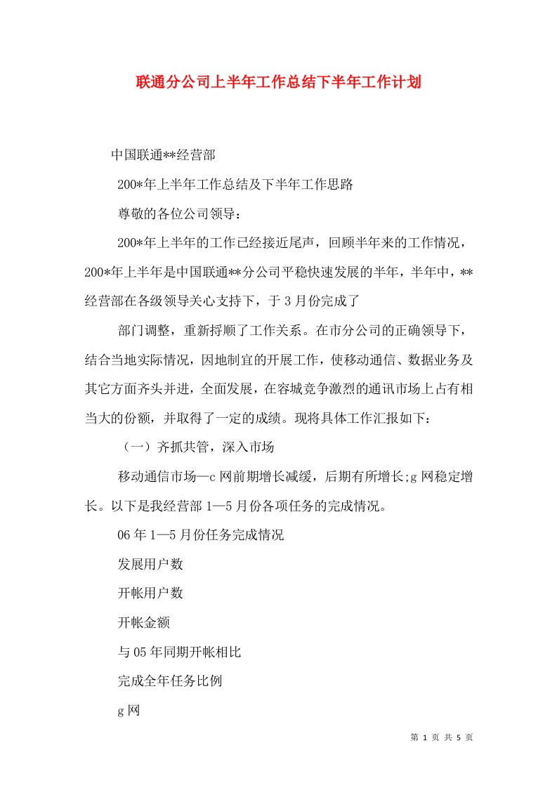 联通分公司上半年工作总结下半年工作计划