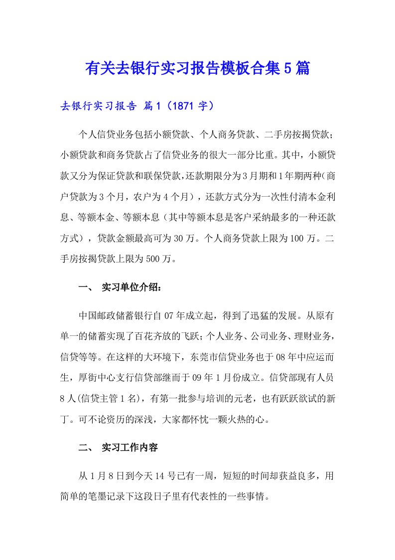 有关去银行实习报告模板合集5篇