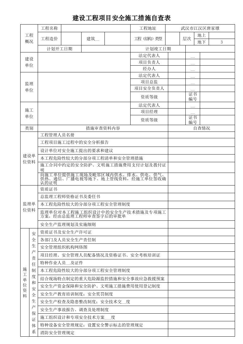 建设工程项目安全施工措施自查表