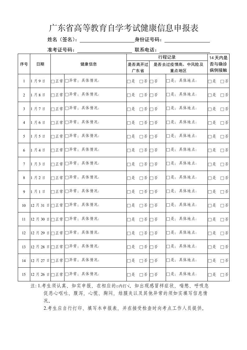 广东省高等教育自学考试健康信息申报表