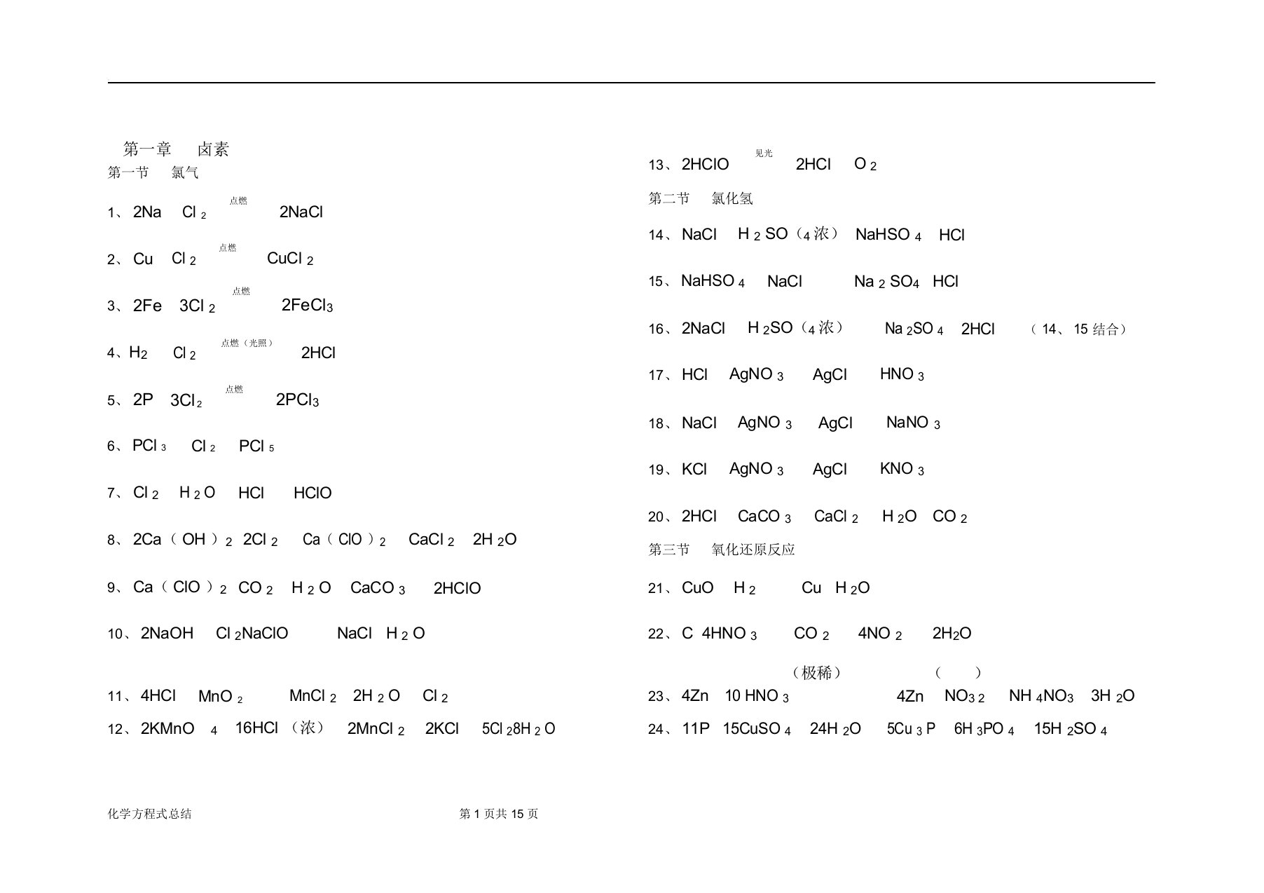 高中化学方程式大全(完整可打印版)