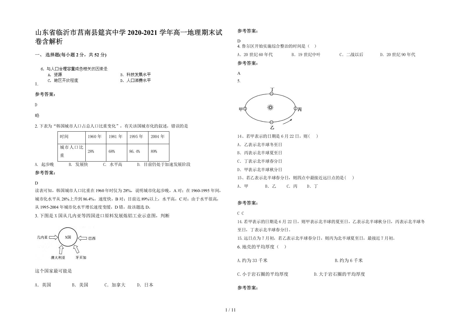 山东省临沂市莒南县筵宾中学2020-2021学年高一地理期末试卷含解析