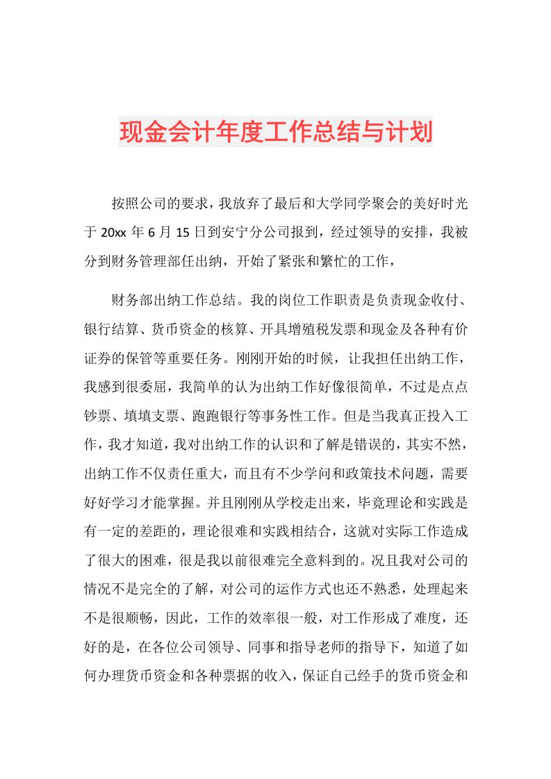 现金会计工作总结与计划