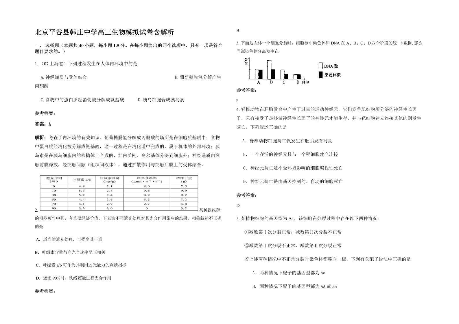 北京平谷县韩庄中学高三生物模拟试卷含解析