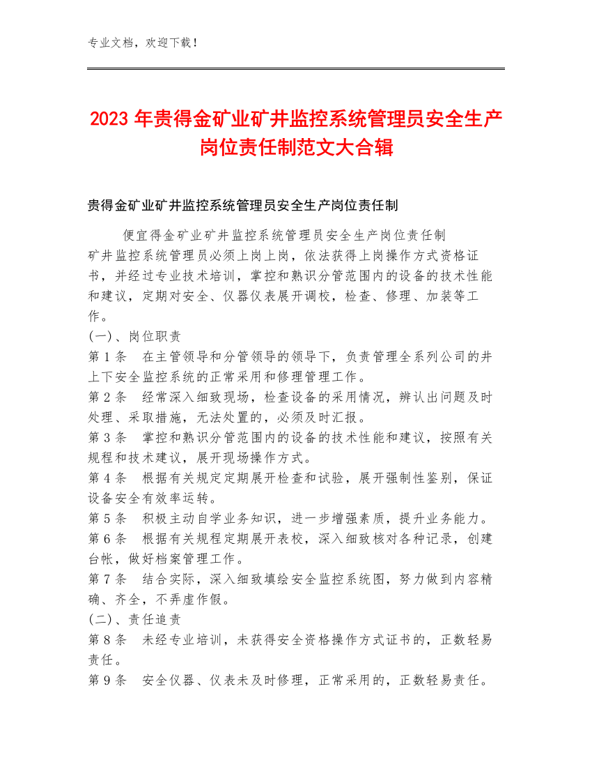 2023年贵得金矿业矿井监控系统管理员安全生产岗位责任制范文大合辑